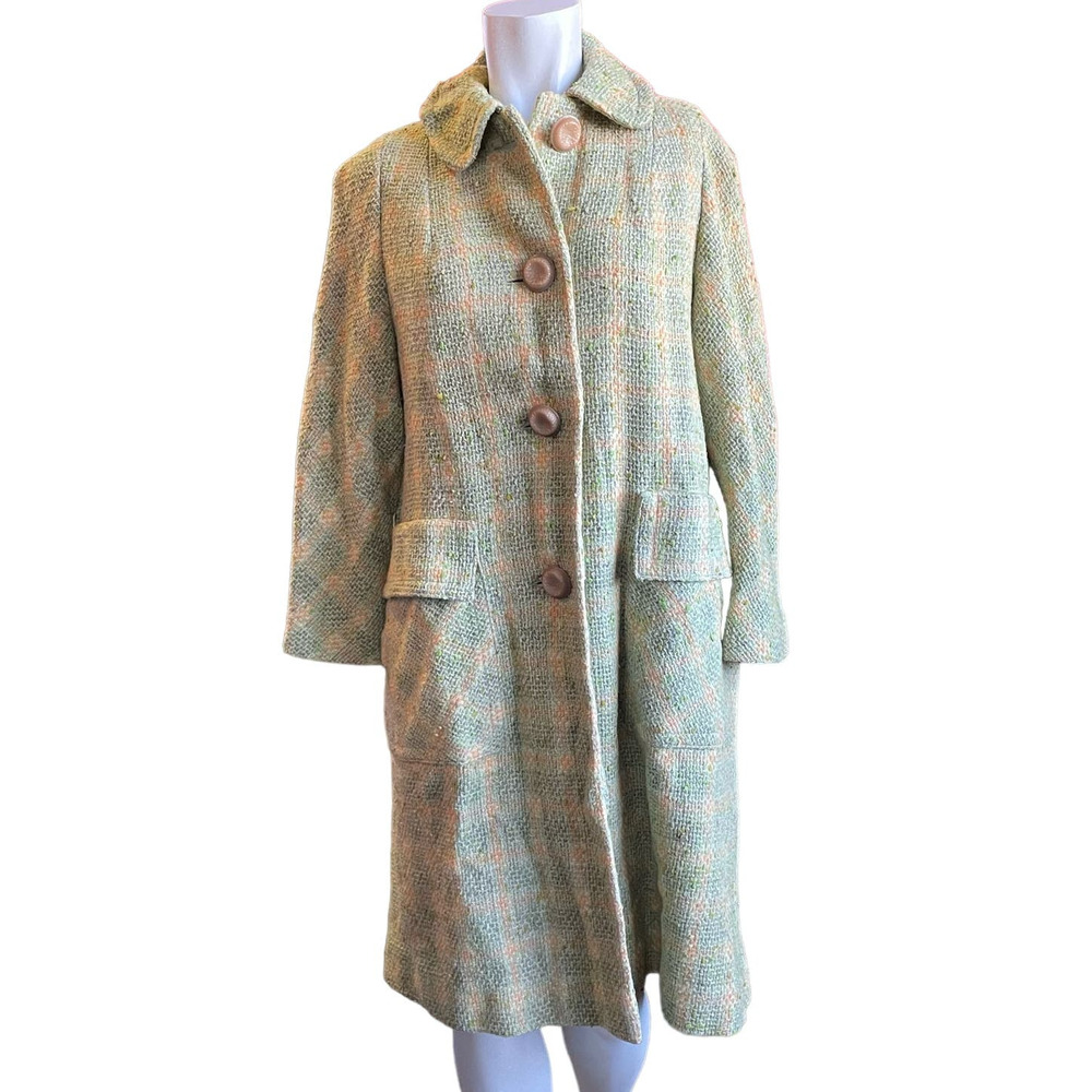 Vintage 50s 60s Green Orange Plaid Tweed Coat Size M Plastic Buttons Mid Century